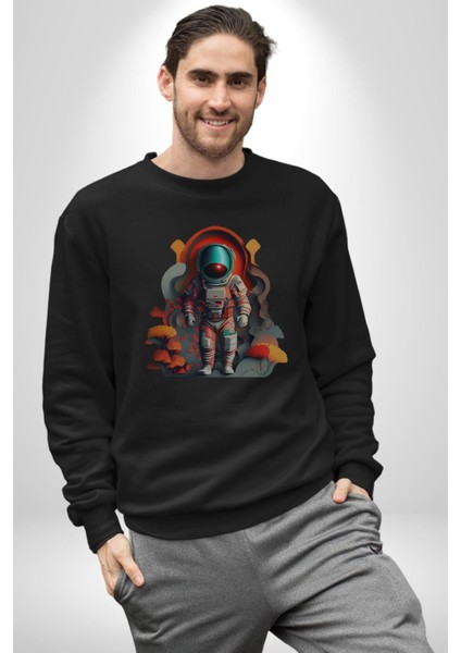 Astronot Yapay Zeka Yürüyüş Kadın Erkek Siyah Baskılı Sweatshirt fiyatları