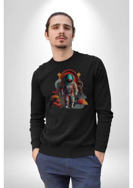 Astronot Yapay Zeka Yürüyüş Kadın Erkek Siyah Baskılı Sweatshirt modelleri
