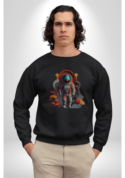Astronot Yapay Zeka Yürüyüş Kadın Erkek Siyah Baskılı Sweatshirt fırsatları