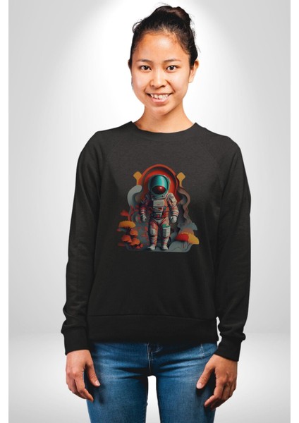 Astronot Yapay Zeka Yürüyüş Kadın Erkek Siyah Baskılı Sweatshirt indirimleri