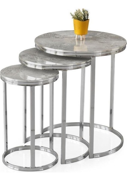 Sedef Metal Yuvarlak 3 Lü Zigon Sehpa