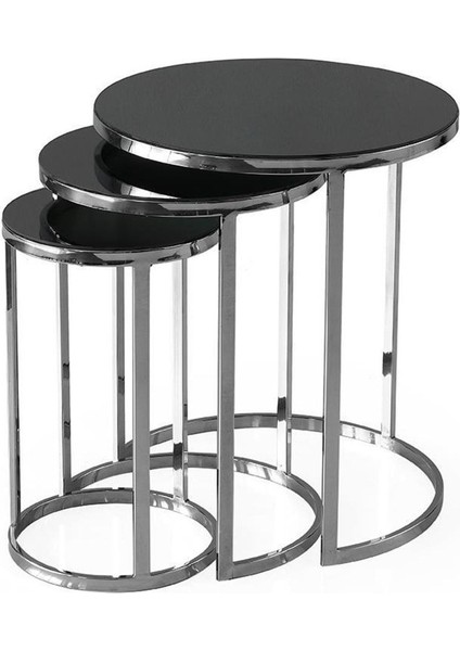 Sedef Ayna Camlı Metal Yuvarlak 3 Lü Zigon Sehpa