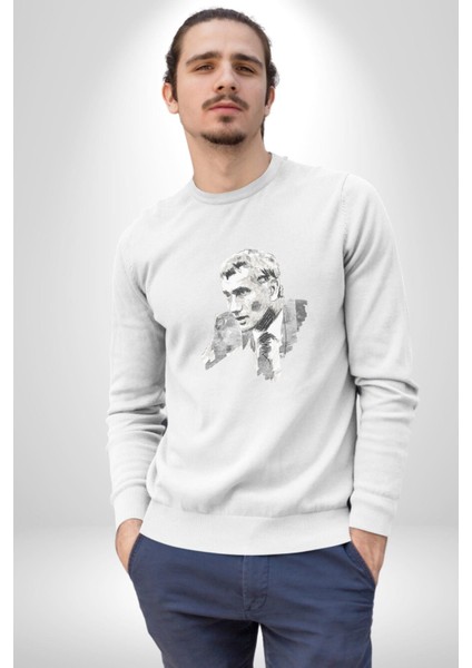 Yılmaz Güney Karakalem Yeşilçam Kadın Erkek  Beyaz Baskılı Sweatshirt