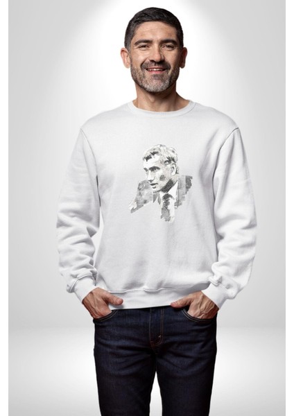 Yılmaz Güney Karakalem Yeşilçam Kadın Erkek  Beyaz Baskılı Sweatshirt