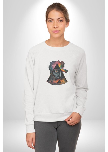 Pink Floyd Göz Piramit Kadın Erkek Beyaz Baskılı Sweatshirt modelleri
