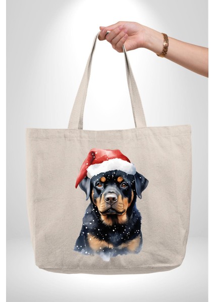 Yeni Yıl Noel Rottweiler 47X36X8 Kadın Erkek Kanvas Körüklü Büyük Boy Çanta