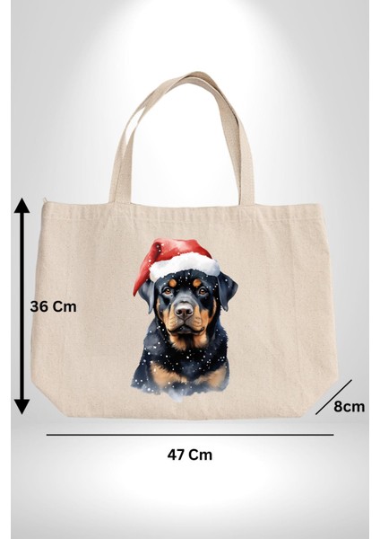 Yeni Yıl Noel Rottweiler 47X36X8 Kadın Erkek Kanvas Körüklü Büyük Boy Çanta