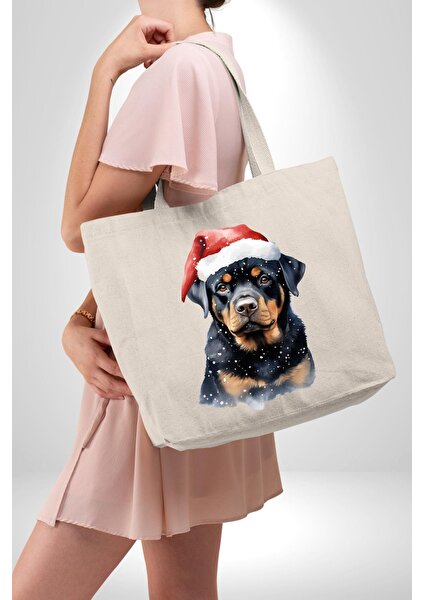 Yeni Yıl Noel Rottweiler 47X36X8 Kadın Erkek Kanvas Körüklü Büyük Boy Çanta