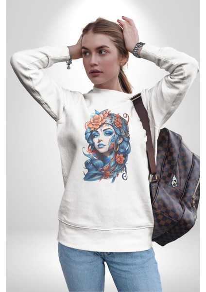 Kızlar Modası Dövme Çiçek Kadın Erkek Beyaz Baskılı Sweatshirt