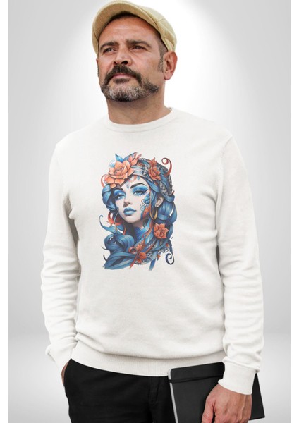 Kızlar Modası Dövme Çiçek Kadın Erkek Beyaz Baskılı Sweatshirt modelleri