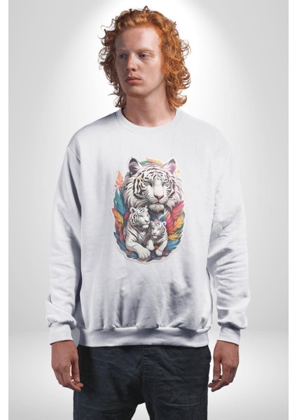 Beyaz Kaplan Ailesi Renkli Tüyler Kadın Erkek Beyaz Baskılı Sweatshirt