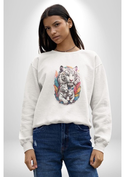 Beyaz Kaplan Ailesi Renkli Tüyler Kadın Erkek Beyaz Baskılı Sweatshirt fiyatları