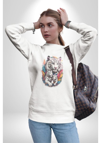Beyaz Kaplan Ailesi Renkli Tüyler Kadın Erkek Beyaz Baskılı Sweatshirt modelleri