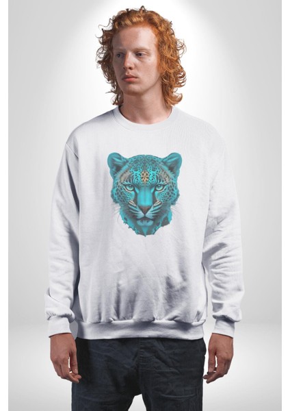 Yeşil Leopar Kafası Kadın Erkek Beyaz Baskılı Sweatshirt