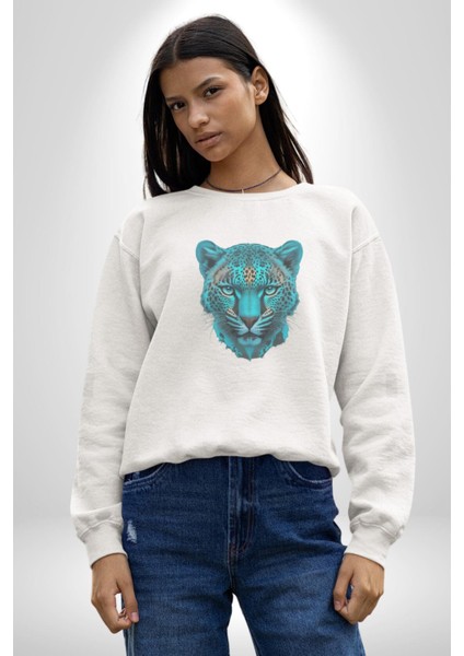 Yeşil Leopar Kafası Kadın Erkek Beyaz Baskılı Sweatshirt fiyatları