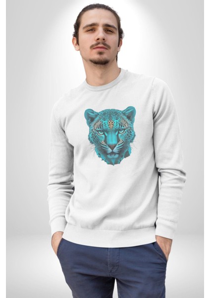 Yeşil Leopar Kafası Kadın Erkek Beyaz Baskılı Sweatshirt modelleri