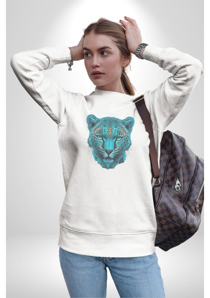 Yeşil Leopar Kafası Kadın Erkek Beyaz Baskılı Sweatshirt fırsatları