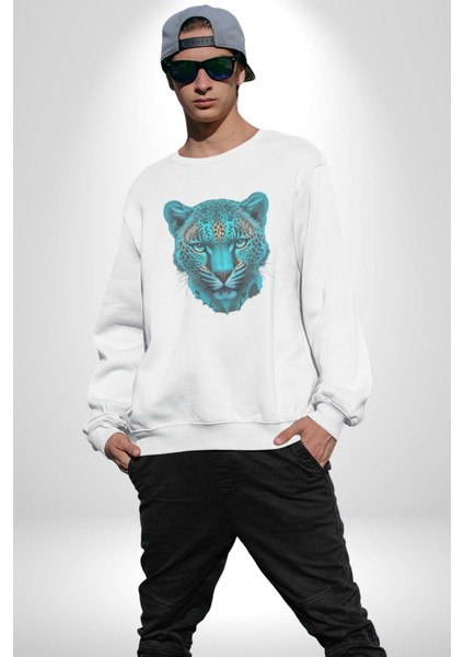 Yeşil Leopar Kafası Kadın Erkek Beyaz Baskılı Sweatshirt indirimleri