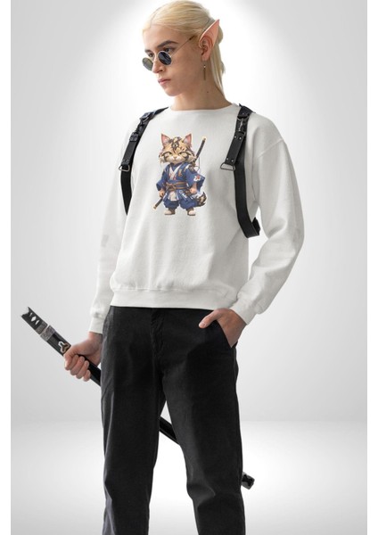 Asyalı Kedi Samuray Savaşcı Kadın Erkek Beyaz Baskılı Sweatshirt