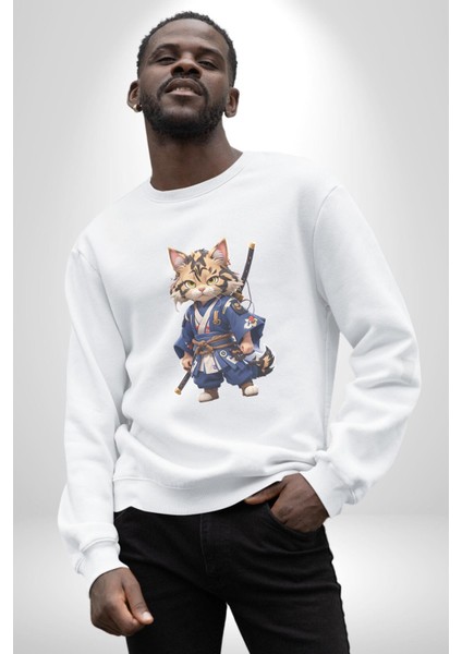 Asyalı Kedi Samuray Savaşcı Kadın Erkek Beyaz Baskılı Sweatshirt modelleri