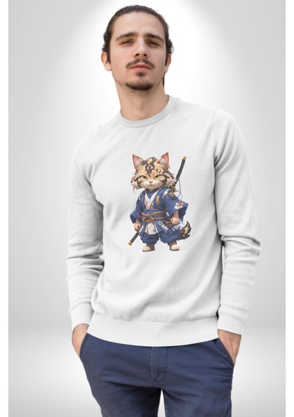 Asyalı Kedi Samuray Savaşcı Kadın Erkek Beyaz Baskılı Sweatshirt fırsatları