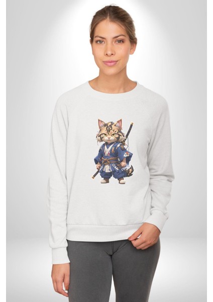 Asyalı Kedi Samuray Savaşcı Kadın Erkek Beyaz Baskılı Sweatshirt indirimleri