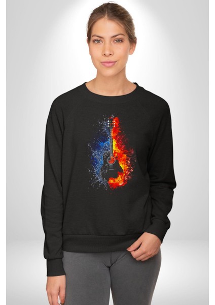Ateşli Gitar Su ve Ateş Kadın Erkek Siyah Sweatshirt
