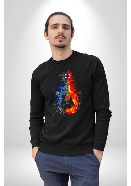Ateşli Gitar Su ve Ateş Kadın Erkek Siyah Sweatshirt