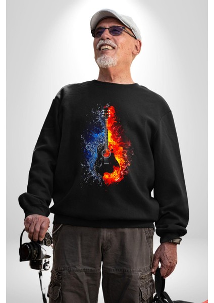 Ateşli Gitar Su ve Ateş Kadın Erkek Siyah Sweatshirt