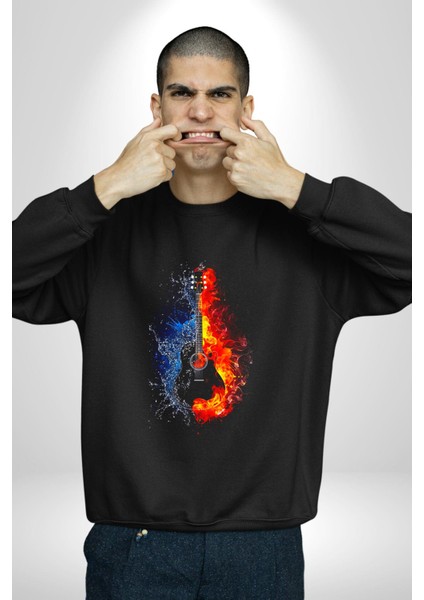 Ateşli Gitar Su ve Ateş Kadın Erkek Siyah Sweatshirt