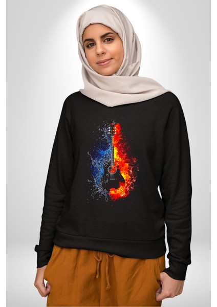 Ateşli Gitar Su ve Ateş Kadın Erkek Siyah Sweatshirt