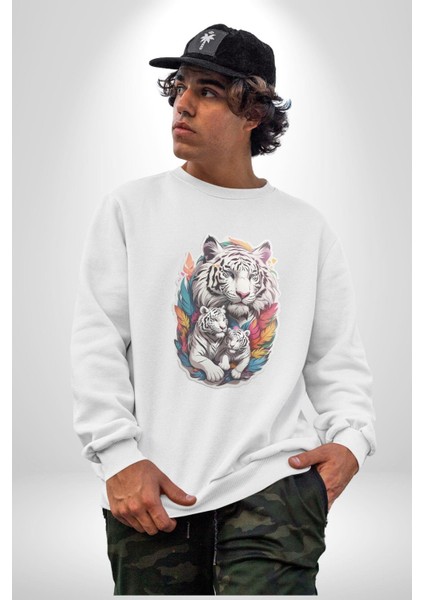 Beyaz Kaplan Ailesi Renkli Tüyler Kadın Erkek Beyaz Baskılı Sweatshirt fırsatları