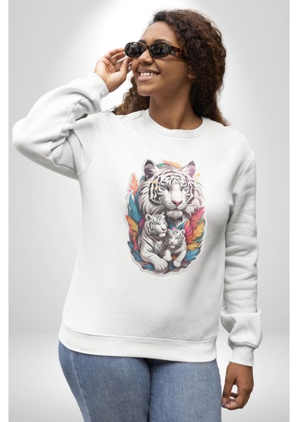 Beyaz Kaplan Ailesi Renkli Tüyler Kadın Erkek Beyaz Baskılı Sweatshirt indirimleri