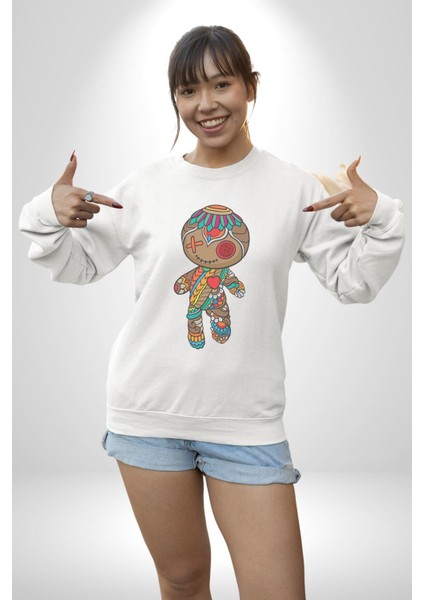 Voofoo Bebeği Doll Doldurulmuş Bebek Kadın Erkek Beyaz Baskılı Sweatshirt