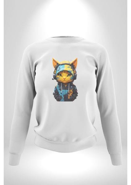Bandana Kedi Kulaklık Çeket Kadın Erkek Beyaz Baskılı Sweatshirt