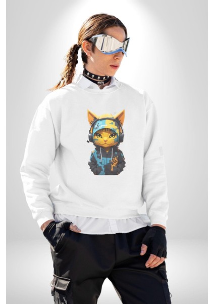 Bandana Kedi Kulaklık Çeket Kadın Erkek Beyaz Baskılı Sweatshirt fırsatları