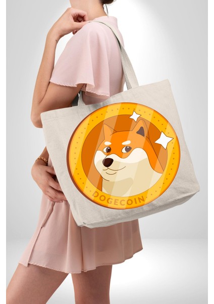 Doge Coin 47X36X8 Kadın Erkek Kanvas Körüklü Büyük Boy Çanta