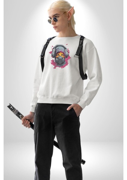 Maske Duman Corona Müzik Kulaklık Kadın Erkek Beyaz Baskılı Sweatshirt