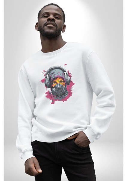 Maske Duman Corona Müzik Kulaklık Kadın Erkek Beyaz Baskılı Sweatshirt fiyatları