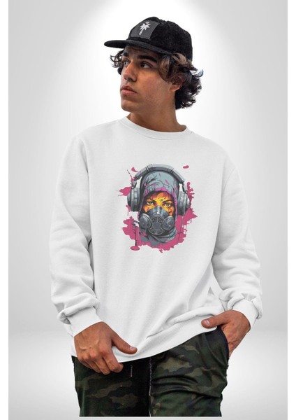 Maske Duman Corona Müzik Kulaklık Kadın Erkek Beyaz Baskılı Sweatshirt modelleri