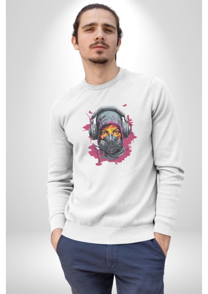 Maske Duman Corona Müzik Kulaklık Kadın Erkek Beyaz Baskılı Sweatshirt fırsatları