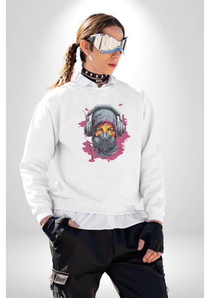 Maske Duman Corona Müzik Kulaklık Kadın Erkek Beyaz Baskılı Sweatshirt indirimleri