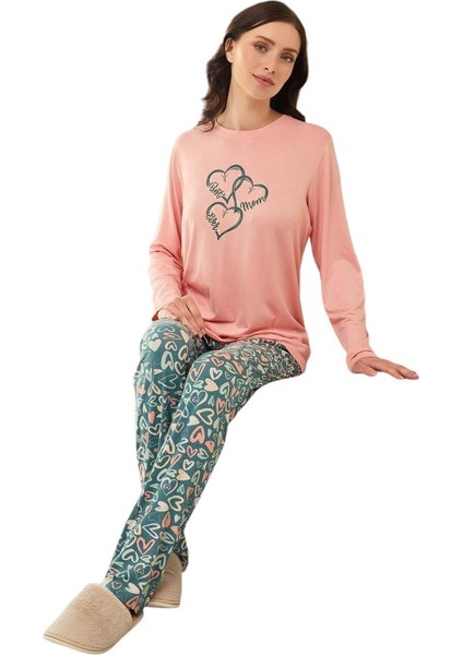 Kadın Pembe Viskon Uzun Kollu Pijama Takımı 240628