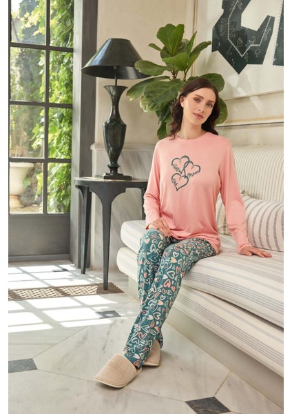Kadın Pembe Viskon Uzun Kollu Pijama Takımı 240628