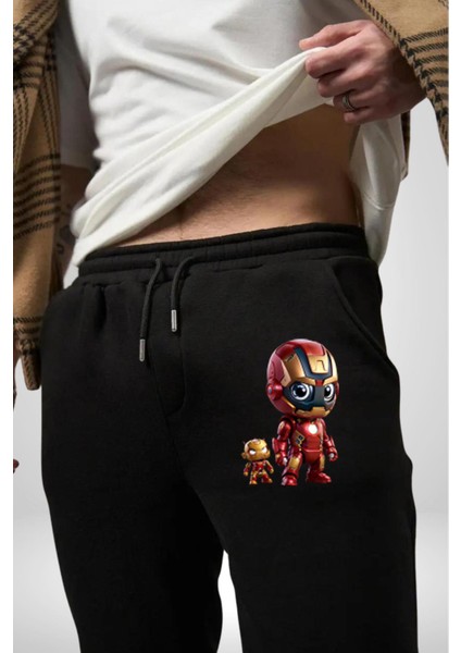 Yenilmezler Avengers Bebek Iron Man Pamuklu 3 Iplik Siyah Eşofman Altı Erkek Oversize Kesim Dijital Baskılı
