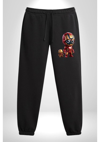 Yenilmezler Avengers Bebek Iron Man Pamuklu 3 Iplik Siyah Eşofman Altı Erkek Oversize Kesim Dijital Baskılı