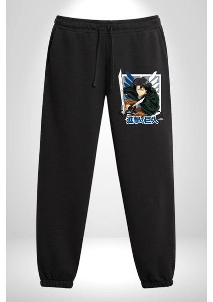 Anime Levi Ackerman Beyaz ve Siyah Kanatlar 3 Iplik Erkek Baskılı Siyah Eşofman Altı