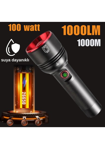 100 Watt Metal Tasarım 1000 Lümen 1000 Metre Zomlu El Feneri OR-2208-TG