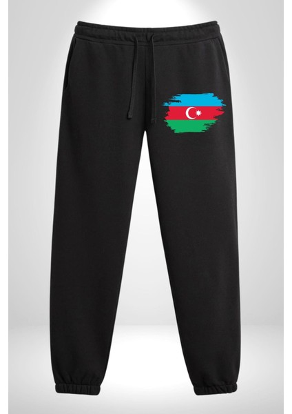 Azerbeycan Bayrağı 3 Iplik Erkek Baskılı Siyah Eşofman Altı