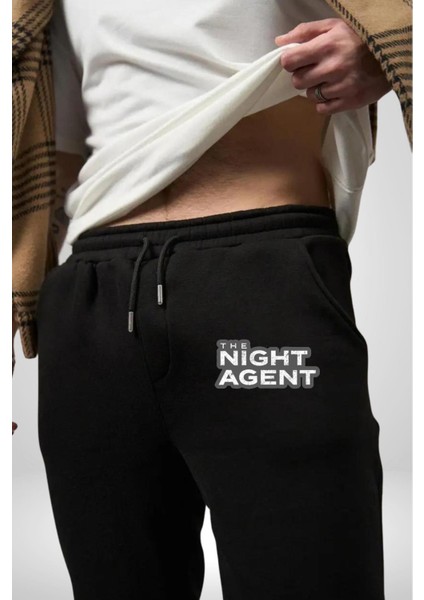 The Night Agent Pamuklu 3 Iplik Siyah Eşofman Altı Erkek Oversize Kesim Dijital Baskılı